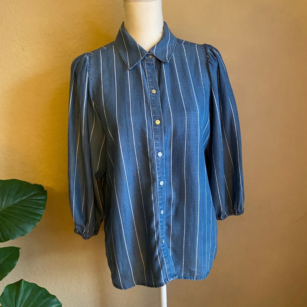 Nanette Button Collar Blue Jean Stripe Blouse